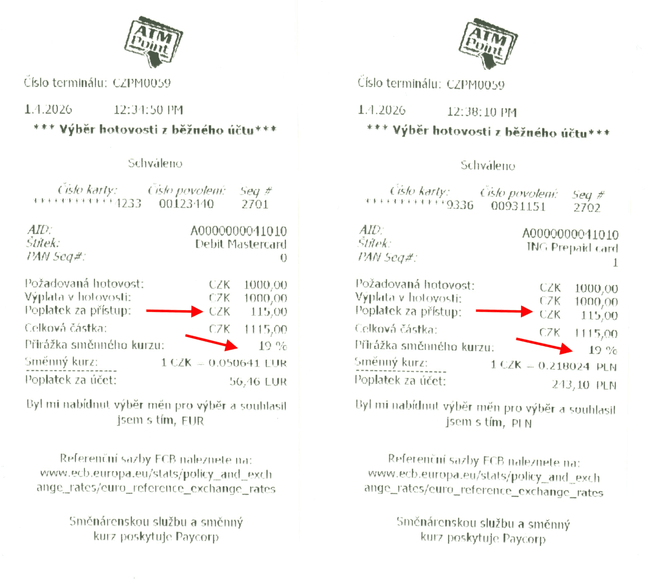Bankomat sítě ATM Point. Přirážka DCC: 19 %. Poplatek 115 Kč. (01. 04. 2026)
