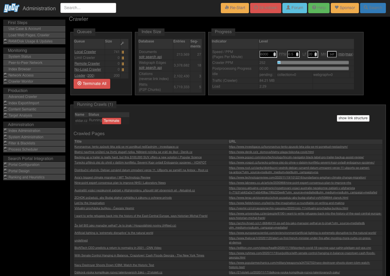 Crawler v akci, zrovna sklízí odkazy z agregátoru RSS. Dříve zaindexované stránky nyní ignoruje.
