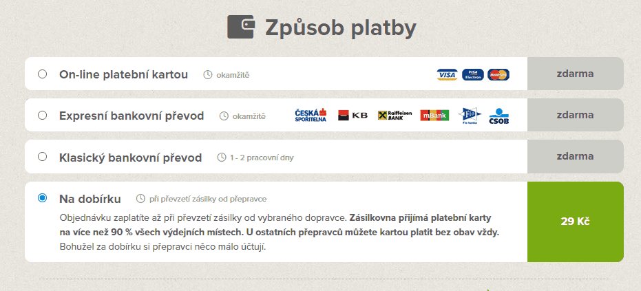 Volby plateb v nákupních košících e-shopů