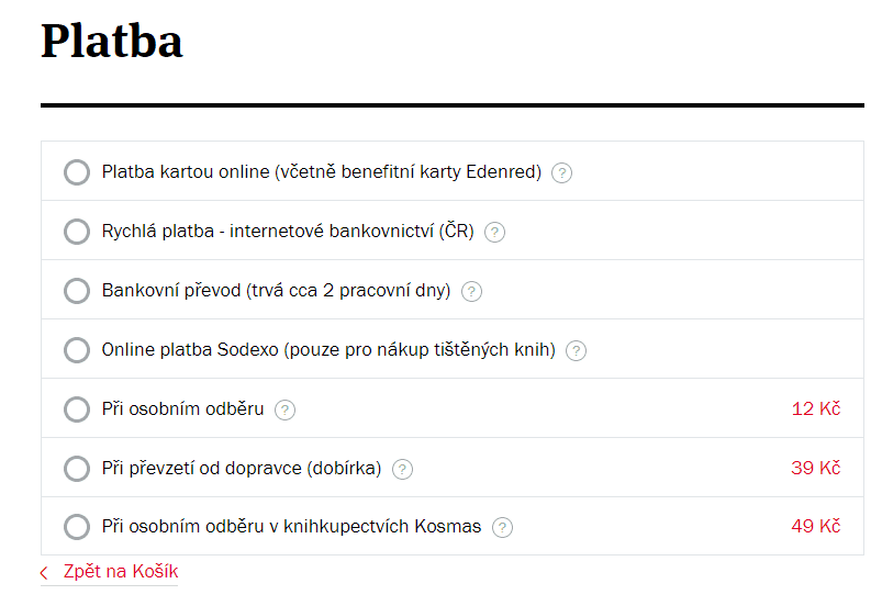 Volby plateb v nákupních košících e-shopů