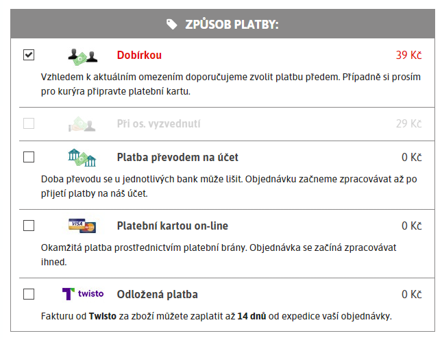 Volby plateb v nákupních košících e-shopů