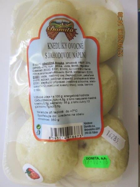 Výrobna DOMITA, Tábor: KNEDLÍKY OVOCNÉ S JAHODOVOU NÁPLNÍ - výrobek obsahoval méně jahodové náplně, než bylo uvedeno na obale