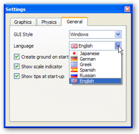 Záložka General v okně Settings.
