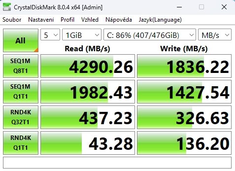 CrystalDiskMark test při 1 GiB