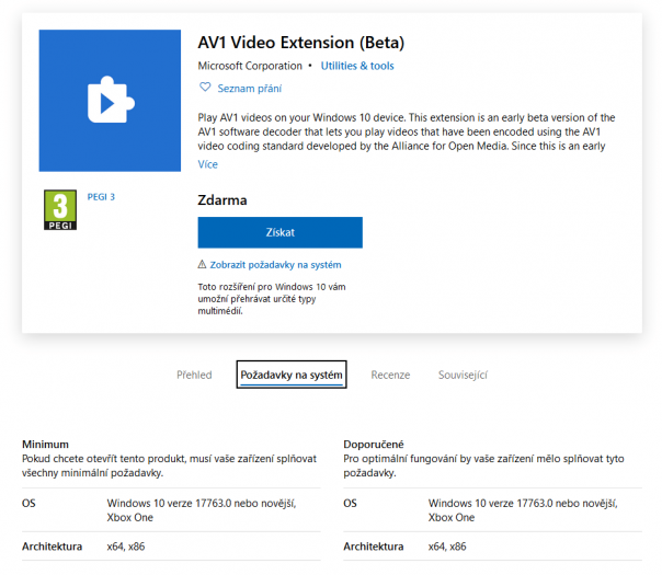 Rozšíření pro podporu formátu AV1 ve Windows v obchodu s aplikacemi