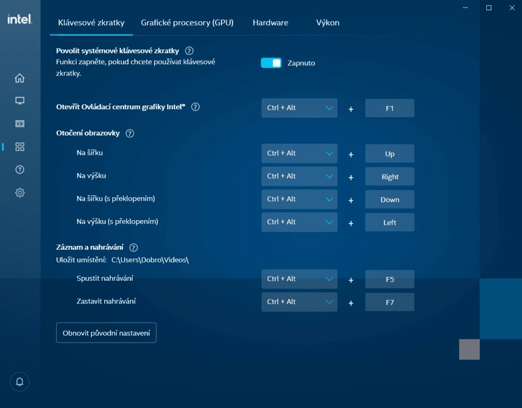 Nastavení zkratek v ovládacím centru Intel grafiky