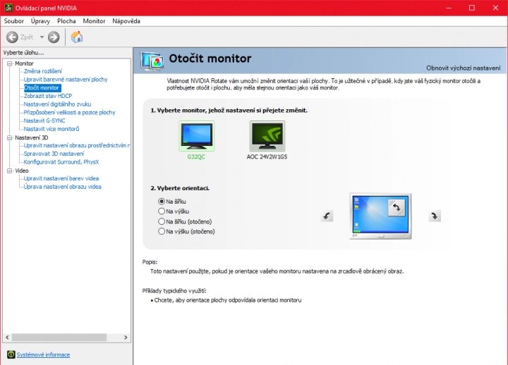 Otočení obrazovky v ovládacím panelu NVIDIA
