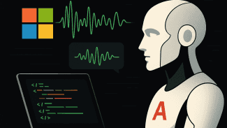 Ilustrace humanoidního robota sledujícího notebook se zdrojovým kódem, kolem něj vlnové grafy a barevné bloky připomínající Microsoft.