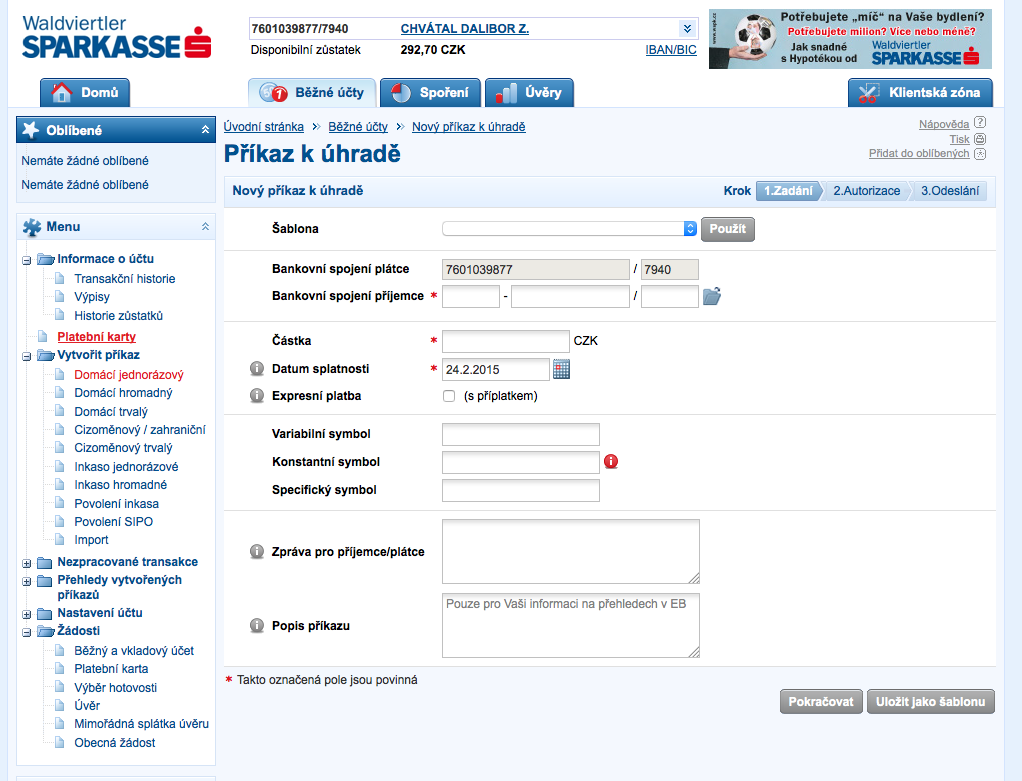 Waldviertler Sparkasse Bank. Internetové bankovnictví. 25.02.2015