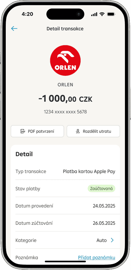 Potvrzení kartové transakce.