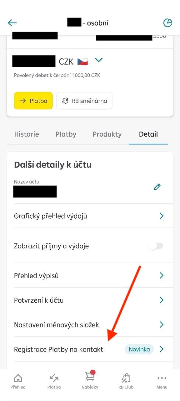 Registrace čísla pro platbu na kontakt v mobilní aplikaci Raiffeisenbank. (14. 11. 2023)