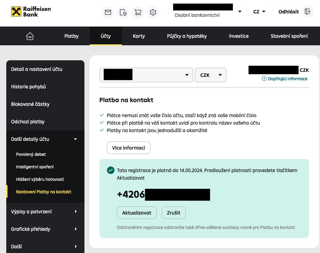 Registrace čísla pro platbu na kontakt v IB Raiffeisenbank. (14. 11. 2023)