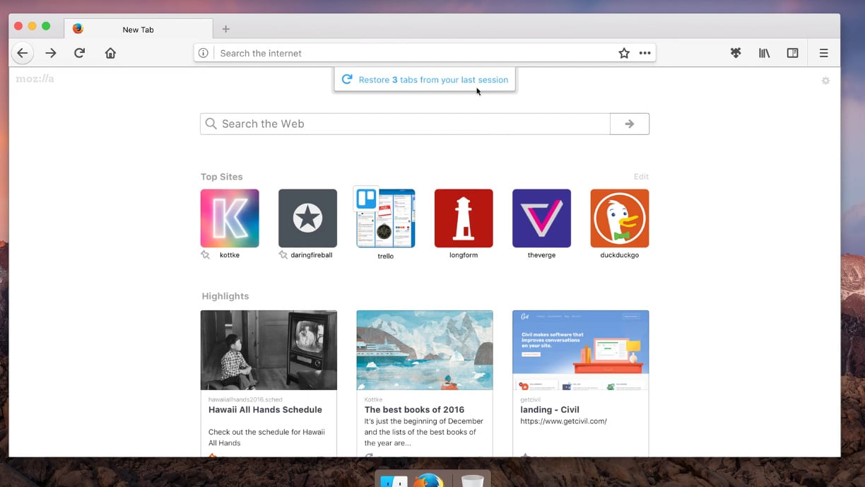 Obnovení zavřených panelů na jediné kliknutí nahoře.