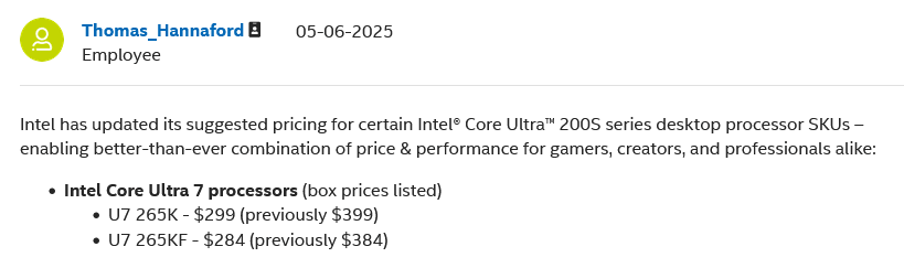 Oznámení o zlevnění Core Ultra 7 265K a 265KF na webu Intelu