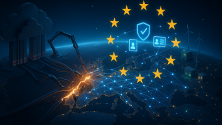Evropa v noci přerušuje datové kabely směřující do amerického cloudu; nad Evropou září hvězdy EU a síť uzlů.