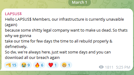 Stížnost skupiny Lapsus$ na Telegramu, že zase musí řešit přesun infrastruktury