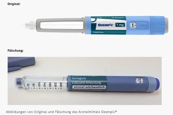 Fotografie ukazuje originální léčivo (nahoře) a padělek (dole). EMA upozorňuje, že podoba padělaného pera na fotografii je příkladem. Na trhu jsou pravděpodobně také padělaná pera s odlišným vzhledem.