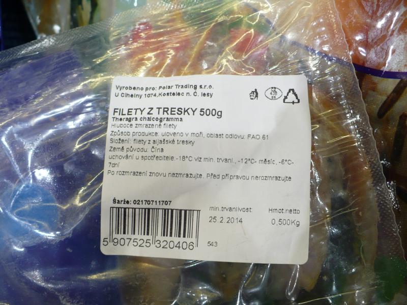 FILETY Z TRESKY: falšovaná potravina - přidané polyfosfáty (polyfosfáty se do potravin přidávají mimo jiné pro svoji schopnost vázat vodu)