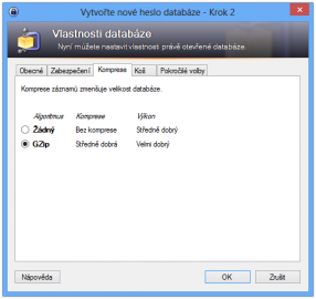 U nové databáze lze upravit její vlastnosti, například způsob její komprimace