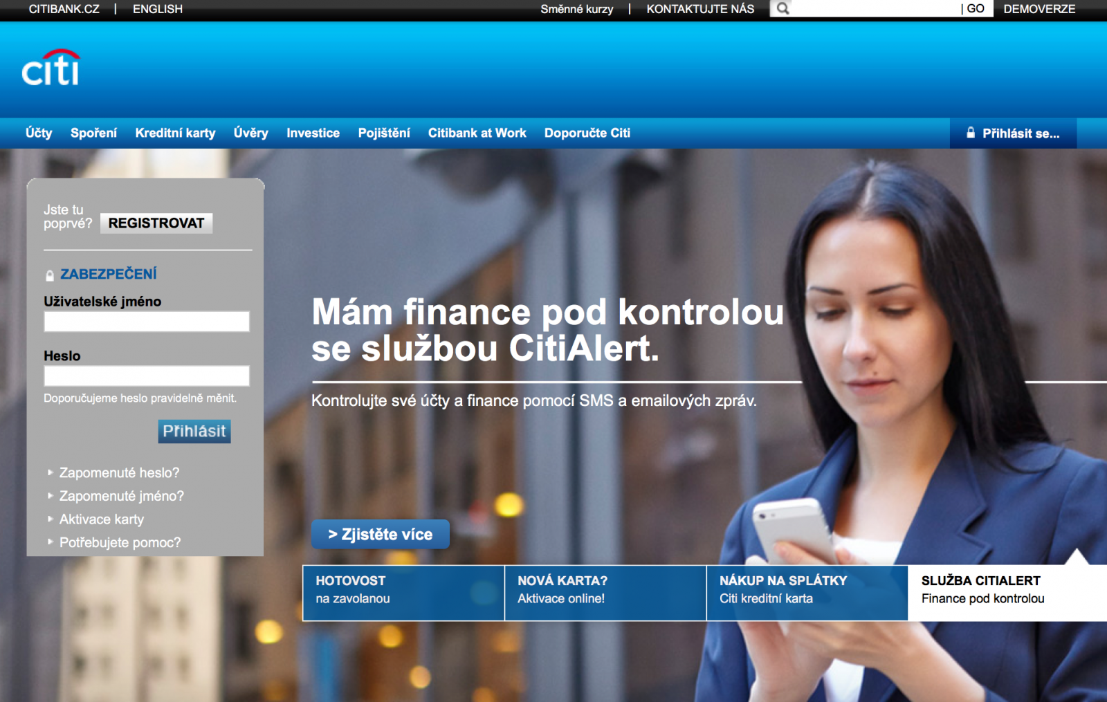 Vstupní stránka do internetového bankovnictví Citibank.
