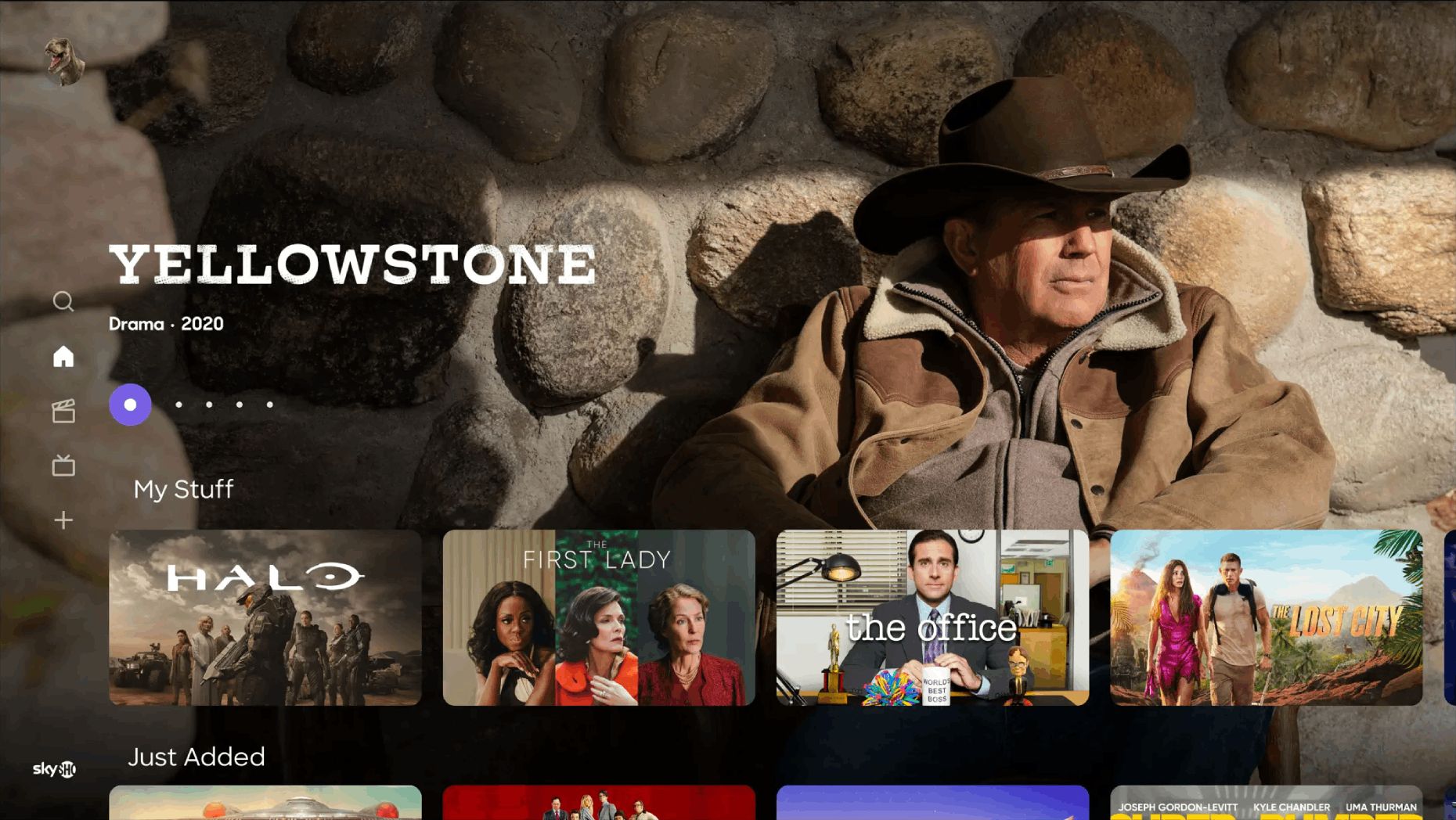 Televizní aplikace SkyShowtime má základní menu ve sloupci nalevo. Ilustrační screenshot je z anglické verze, aplikace je ovšem také v češtině.