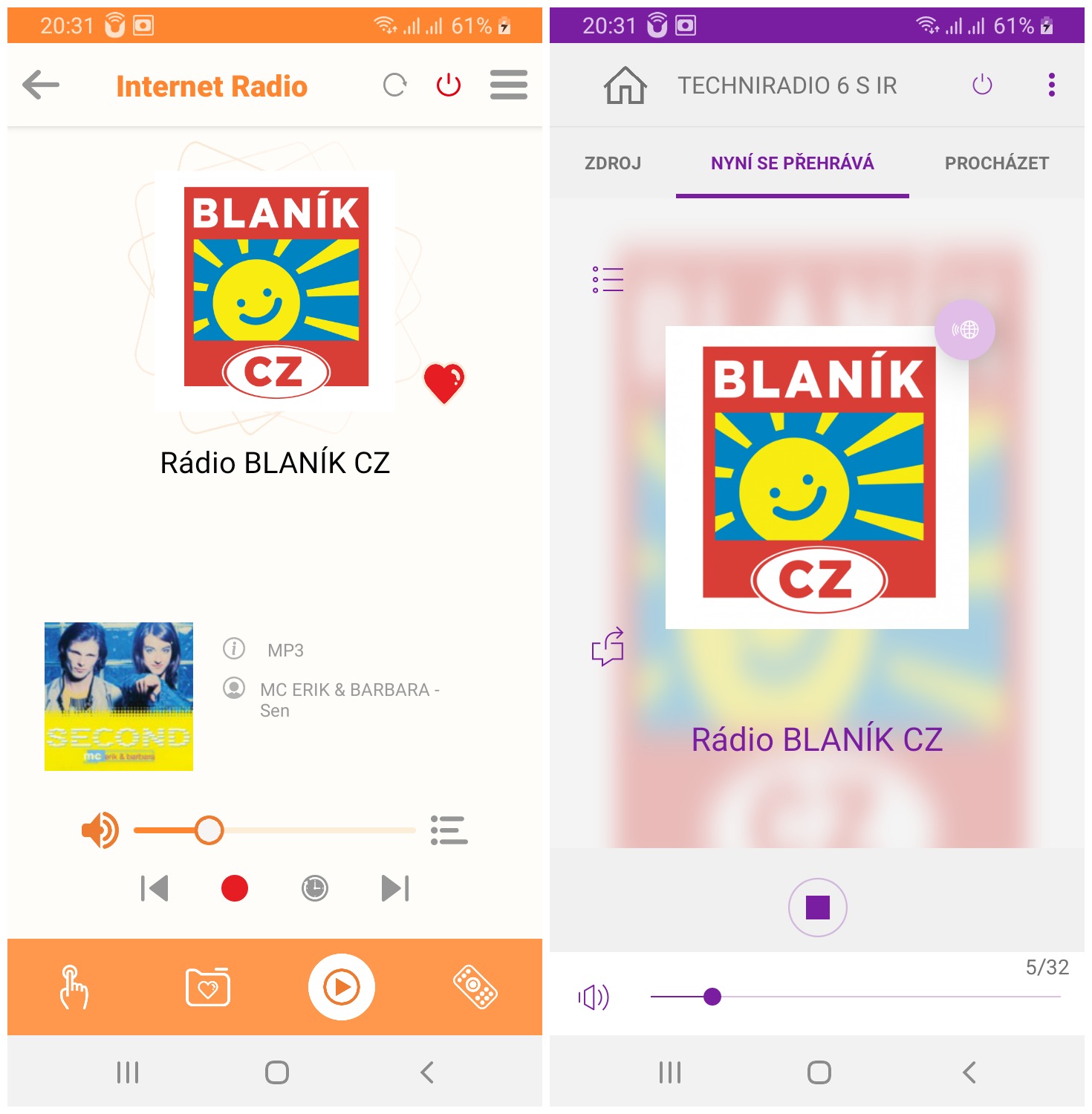 Obrazovka telefonu při příjmu internetových rádií (vlevo aplikace Soundmate, vpravo aplikace Undok)