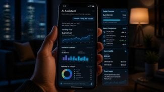 Realistický detail ruky držící smartphone s mobilní chatovací aplikací využívající umělou inteligenci; na displeji jsou zobrazeny finanční grafy, přehled výdajů a rozpočtové ukazatele. Telefon osvětluje temnou místnost modrým neonovým světlem.