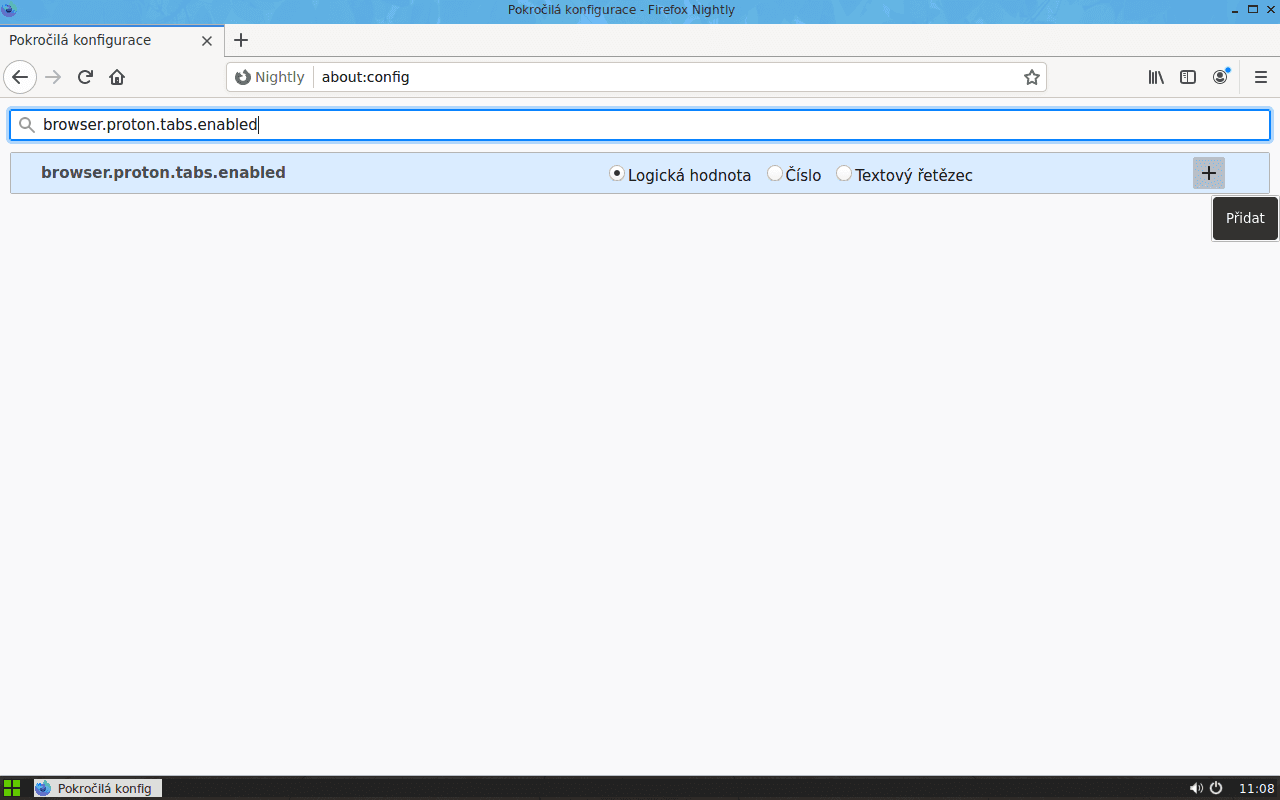 Druhou položku je potřeba vytvořit. Do vyhledávacího pole vložte browser.proton.tabs.enabled a vpravo stiskněte tlačítko plus.