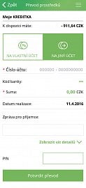 Převod peněz na účet prostřednictvím aplikace Kreditka.