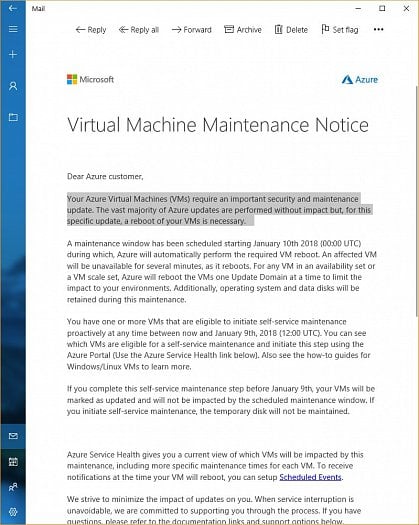 Oznámení Microsoftu, dle kterého budou kvůli nasazování opravy do provozu restartovány instance cloudu Azure