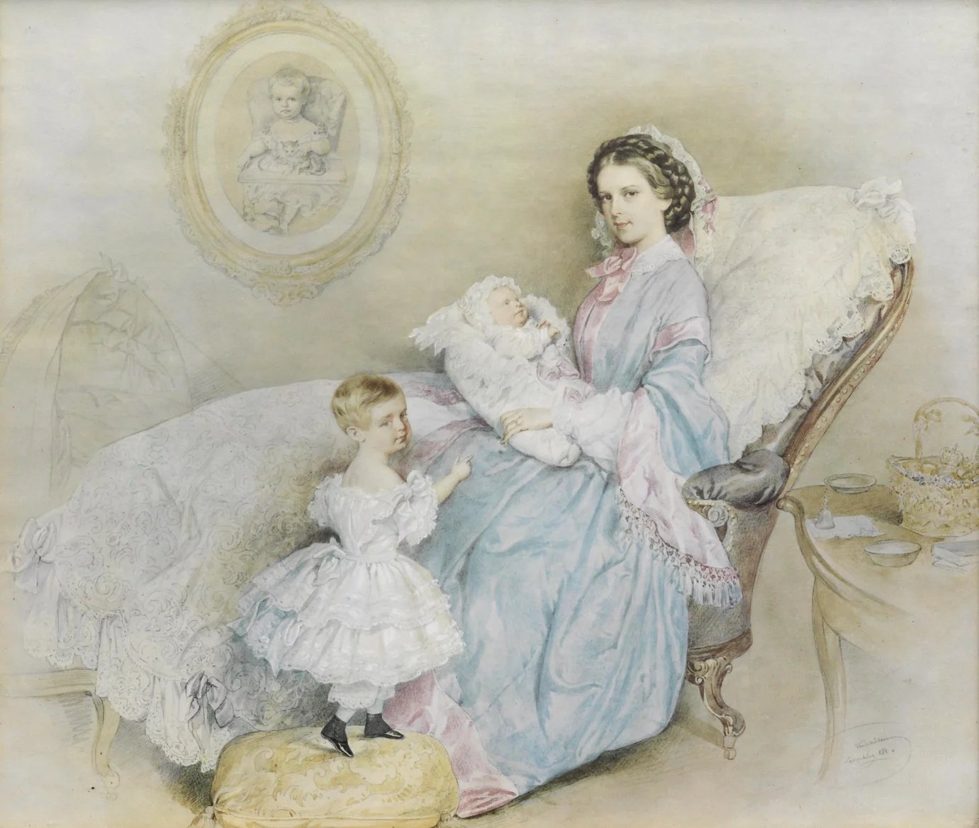 Císařovna Alžběta se svými dvěma dětmi a portrétem zesnulé arcivévodkyně Sophie Friederike (1858)