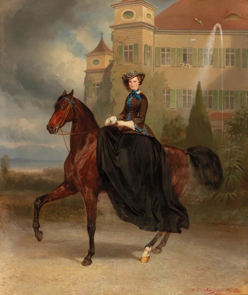 Jezdecký portrét Elisabeth na zámku Possenhofen ve věku 15 let (1853)