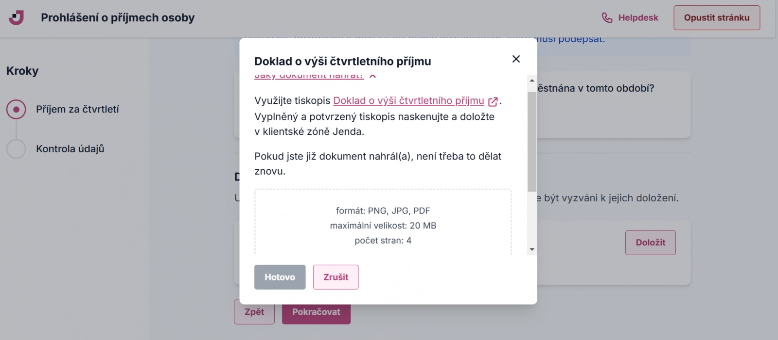 Prohlášení o příjmech při žádosti o dávku skrze klientskou zónu MPSV Jenda.