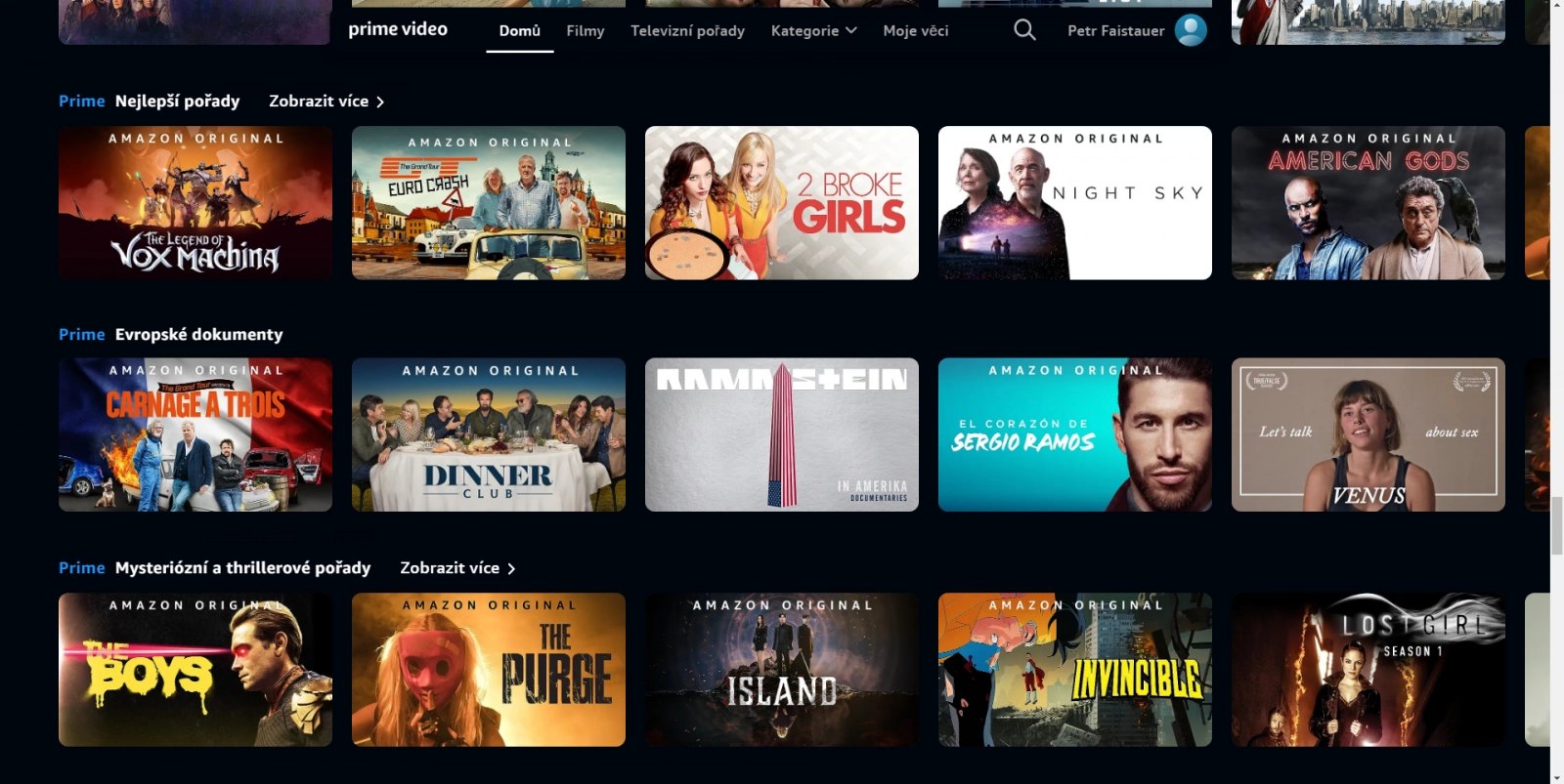 Uživatelské prostředí Amazon Prime Video