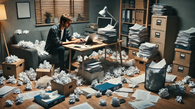 Muž, který pracuje na počítači a kolem něj se válí hromady zmačkaných papírů.