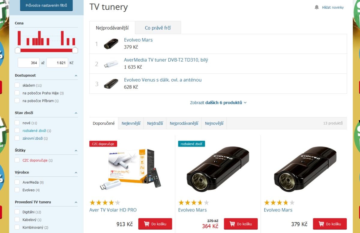 Na „TV tunery“ narazíte ještě u části „Příslušenství k TV“. Jsou tu ale jen USB tunery pro PC, případně mobil či tablet.
