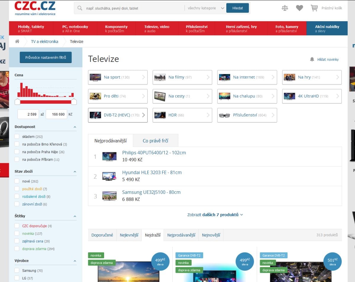 Stejně jako v základní nabídce (první snímek) i zde najdete přímý výpis kompatibilních televizoru pro DVB-T2/HEVC.