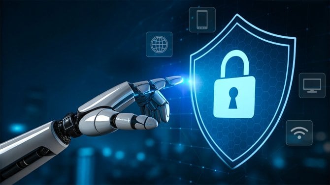 Koncept kybernetické bezpečnosti a umělé inteligence s robotickou rukou dotýkající se digitálního zámku
