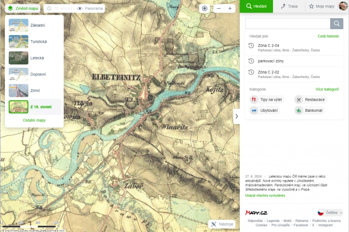 Zobrazení map z 19. století nebo starých leteckých snímků