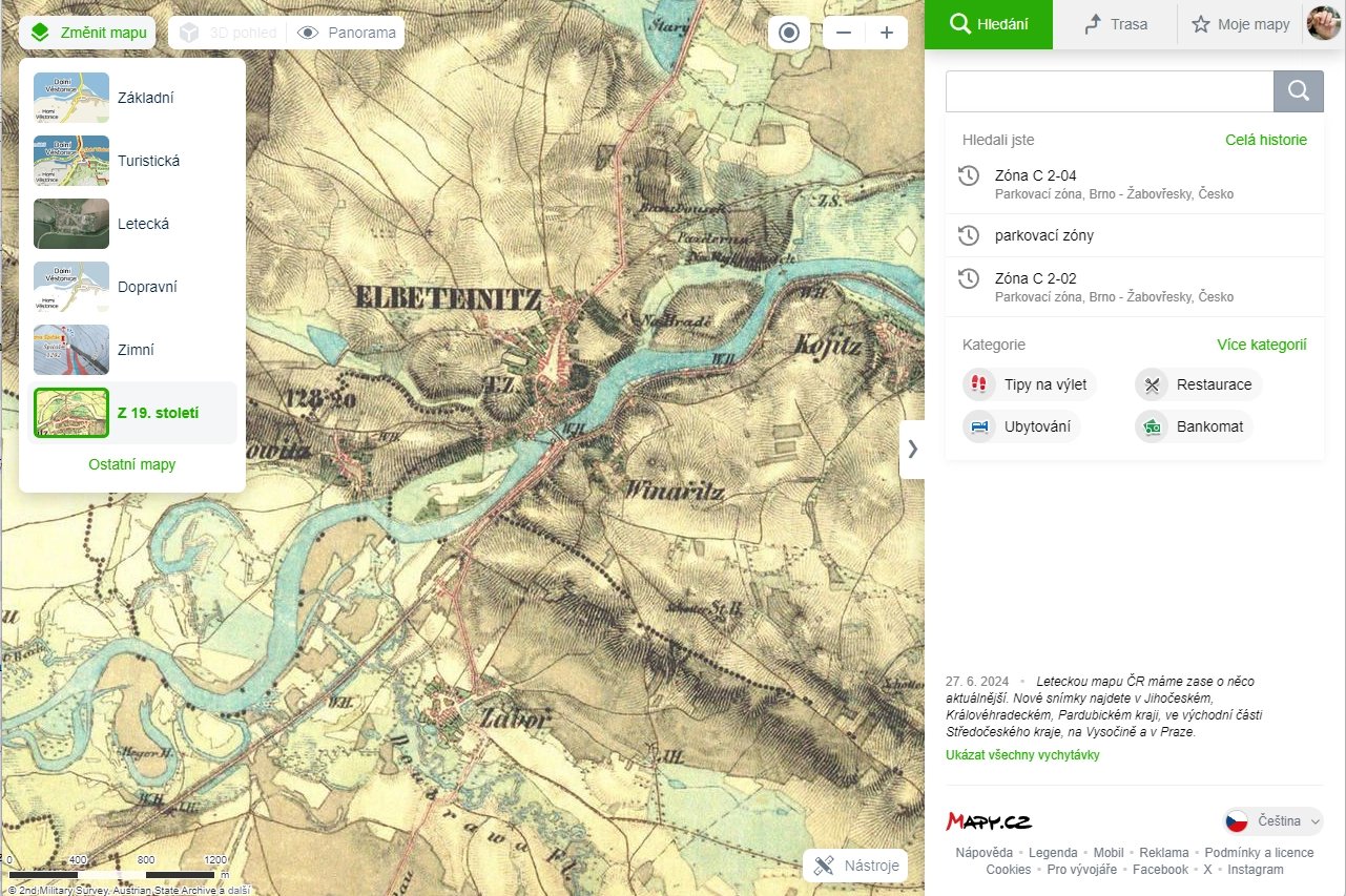 Zobrazení map z 19. století nebo starých leteckých snímků