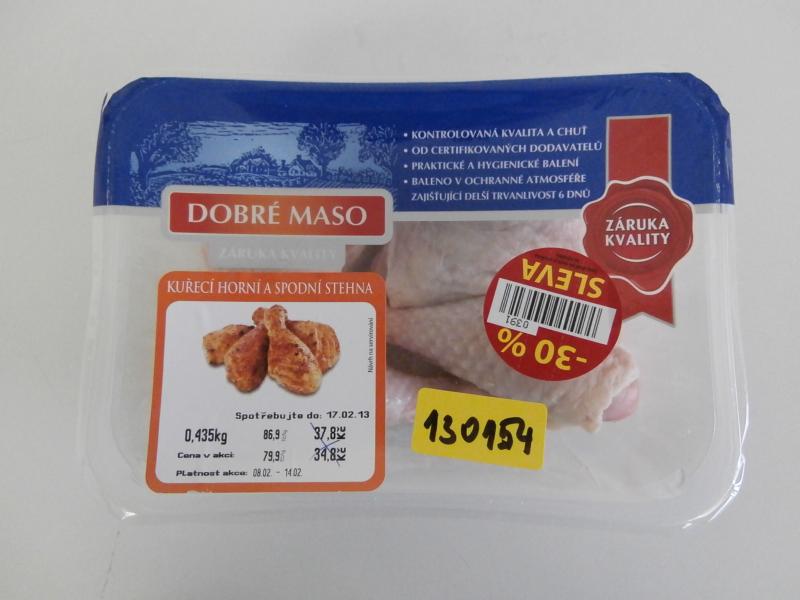 Vodňanská drůbež / Kuřecí horní a spodní stehna / Penny Market Blansko / barevné změny, oslizlý povrch, zápach po kažení
