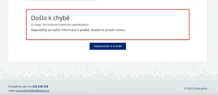 Výpadek platební brány ČSOB u služby Balíkovna od České pošty. (17. 5. 2023, 11:00)