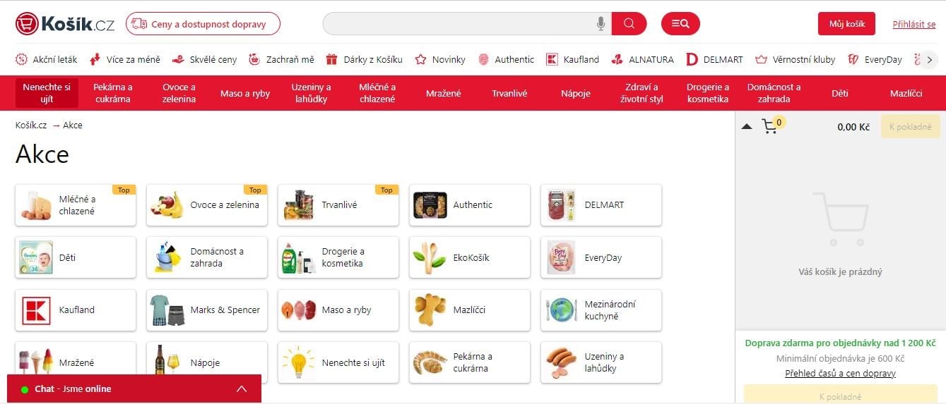 Akční nabídky on-line prodejců potravin a supermarketů