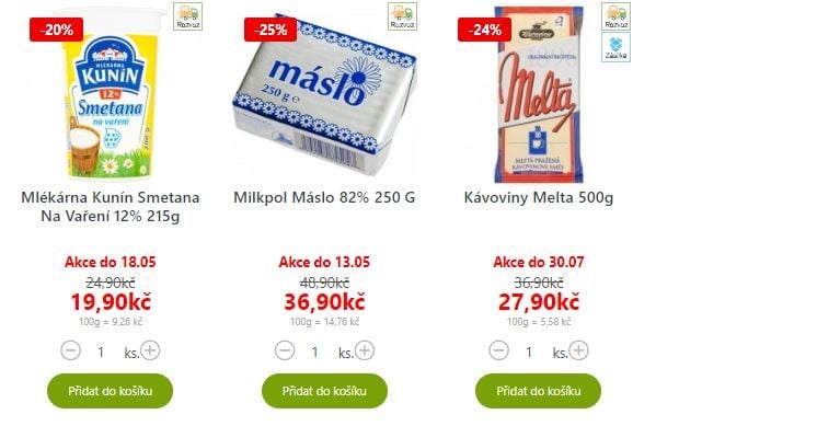Akční nabídky on-line prodejců potravin a supermarketů
