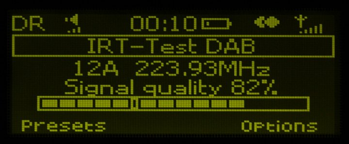 IRT-Test DAB (Německo)
multiplex 12A: IRT München
vysílač: München Freimann
výkon: 0,5 kW
vzdálenost od vysílače: 220 km