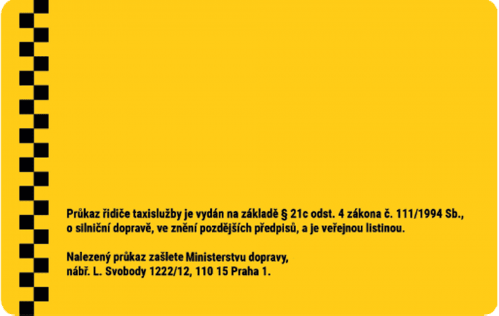 Vzor průkazu řidiče taxislužby, který je vydávaný od 1. 2. 2023. Přední a zadní strana.