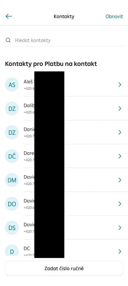 Kontakty s registrací u ČNB jsou v prostředí mobilní aplikace Raiffky již vyfiltrované. (14. 11. 2023)