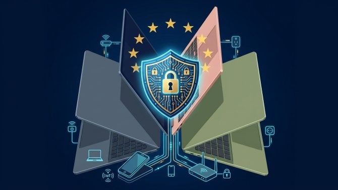 Digitální ilustrace symbolizující evropské nařízení o kybernetické odolnosti (CRA) – ve středu svítí štít s obrazcem připomínajícím desku plošných spojů v modrozlatých barvách EU, kolem něj propojené ikony zabezpečených zařízení (notebook, telefon, router, IoT senzor a zámek) spojené tenkými zářícími linkami symbolizujícími síťové zabezpečení, v pozadí naznačený kruh hvězd EU, tmavě modré pozadí, moderní minimalistický technologický styl bez textu.