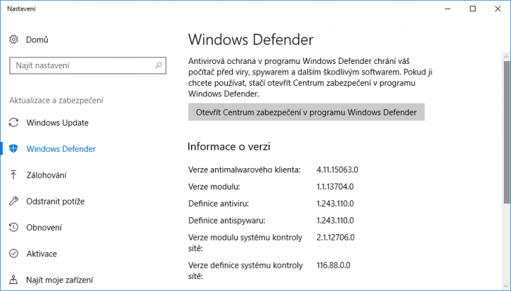 Bezpečný je Windows Defender 1.1.13704.0 a novější