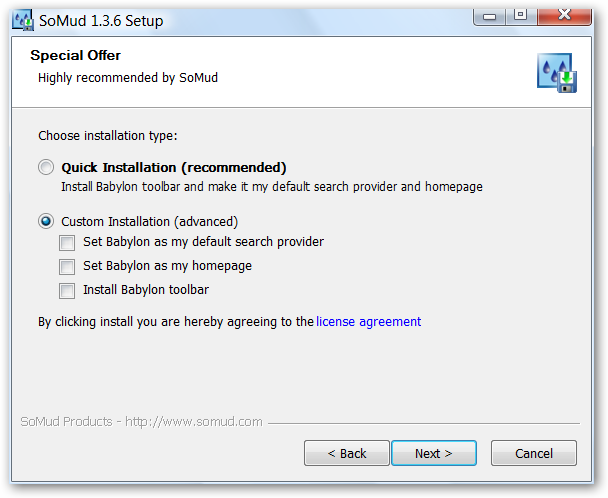 Volby pro typ instalace.